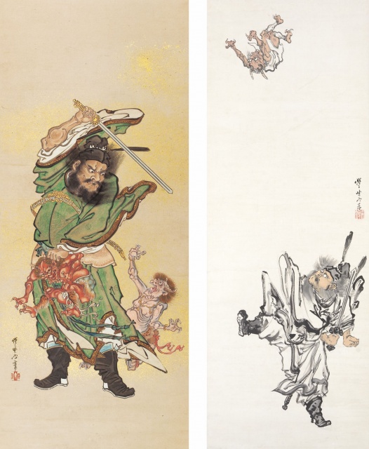 相撲／河鍋暁斎 (歌川国芳・狩野洞白師事) 掛軸 絹本：幕末 浮世絵師 相撲／河鍋暁斎 (歌川国芳・狩野洞白師事) 掛軸 絹本：幕末 浮世絵師
